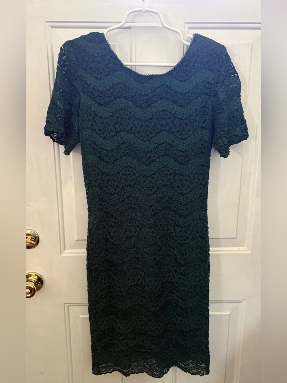 Vtg Nina Piccalino Dark Green Lace Midi Dress with shoulder pads